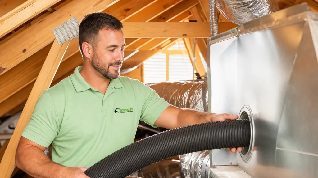 HVAC technician installing ductwork in attic space during home system setup.